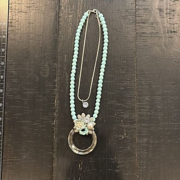 Turquoise Beaded Layered Necklace: Floral Gemstone Pendant  One of a Kind Unique Floral Turquoise Glass Bead Layered Handmade Necklace‌‌‌‍‍‍